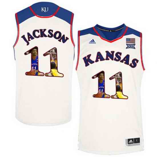 Kansas Jayhawks 11 Josh Jackson White With Portrait Print College Basketball Jersey